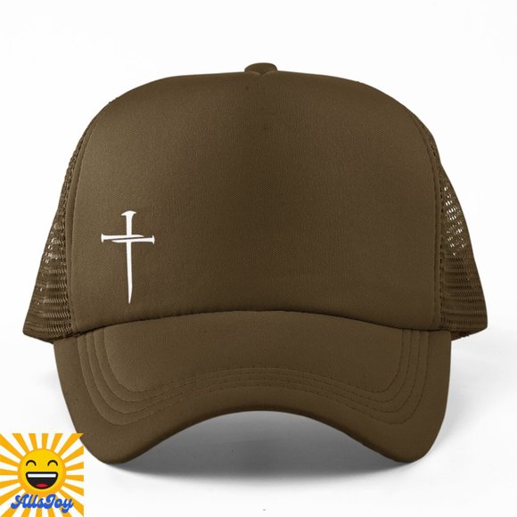 3 NAIL CROSS SYMBOL Minimalist Foam Trucker Hat Snapback Cap Brown - Picture 1 of 2